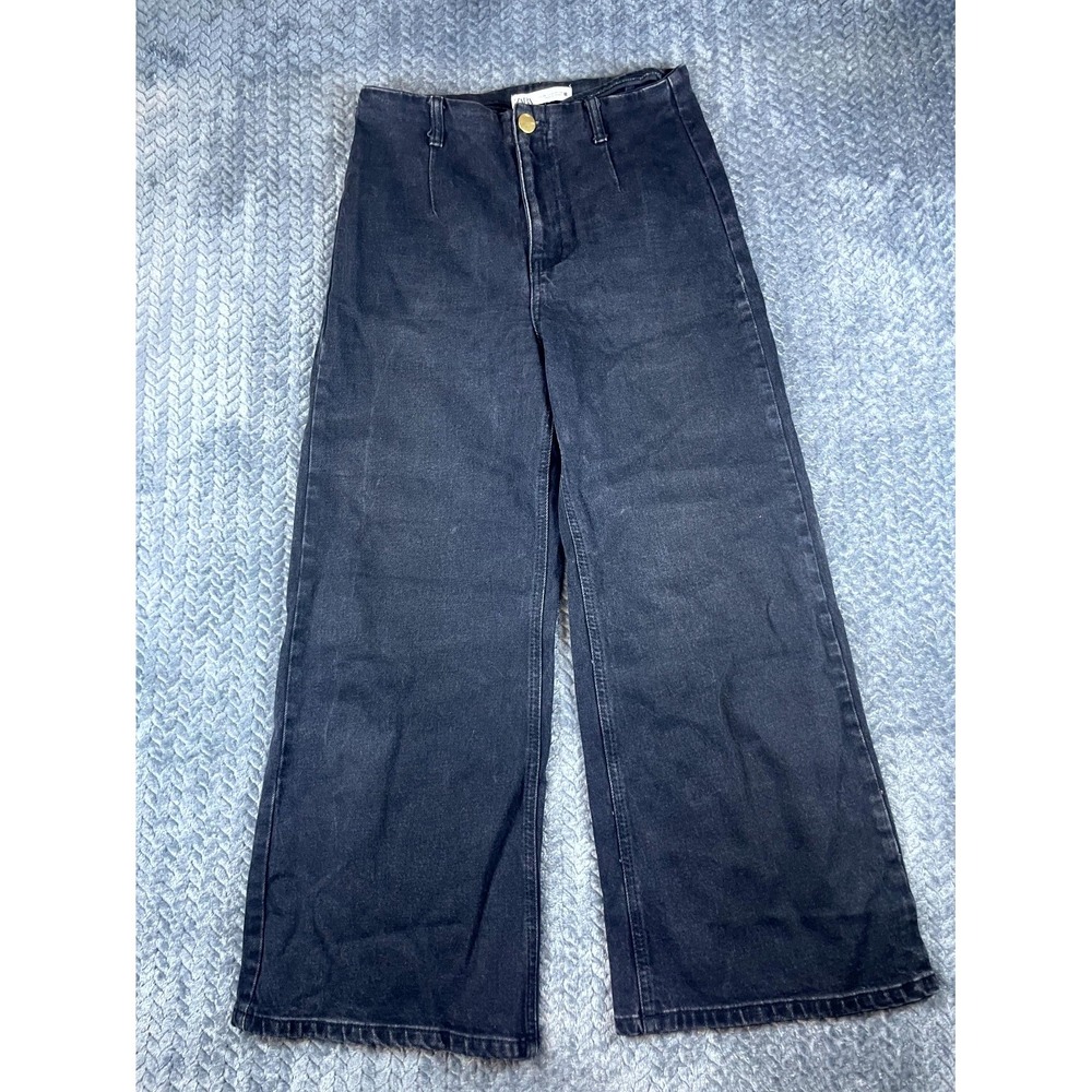 Zara Jeans Womens 6 Black Denim Cotton Pleated Dark Wash High Rise Wide Leg